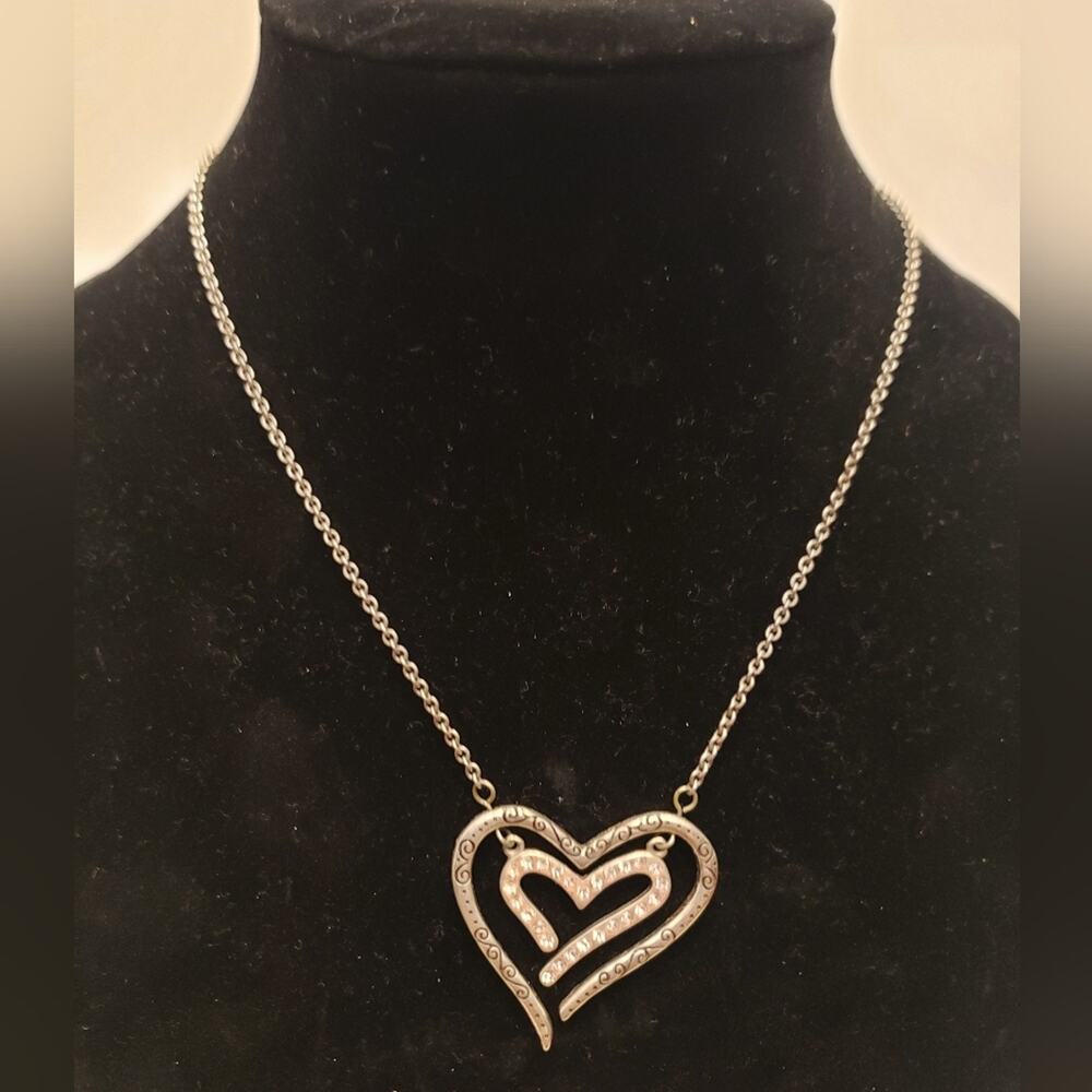 Brighton Reversible Silver Double Heart Crystal Pendant on Link Chain Necklace
